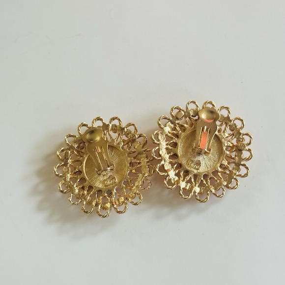 Tara Signed Round Earrings VTG Gold Plated Clip chunky Crystal Statement Regal - Picture 5 of 6